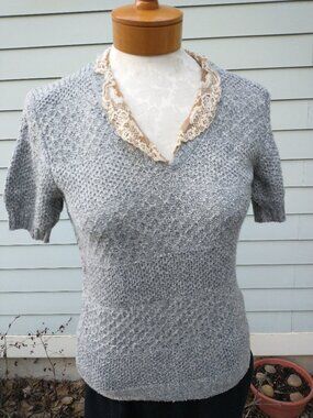 Sweater: heathered gray, silk blend, short sleeve with lace collar. Size small.